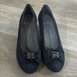Stuart Weitzman Black Chain Bow Suede Wedges